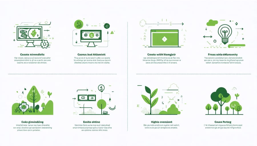 A series of diagrams illustrating eco-friendly strategies and technologies for integrating green gaming and agritecture in online casinos