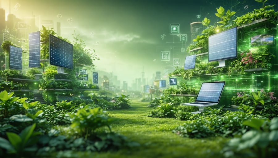 A conceptual image displaying an online casino interface integrated with vertical gardens and green energy symbols, highlighting the sustainable synergy between gaming and agritecture.