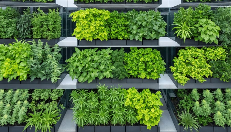 Rooftop garden in a city, featuring CBD plants surrounded by urban buildings