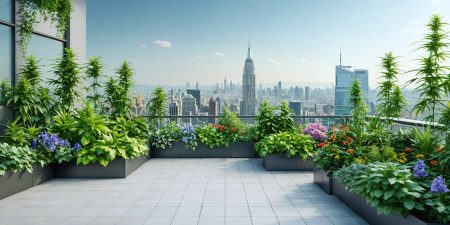 Lush CBD plants thriving on an urban rooftop garden, surrounded by tall city buildings, illustrating a harmonious blend of urban architecture and greenery.