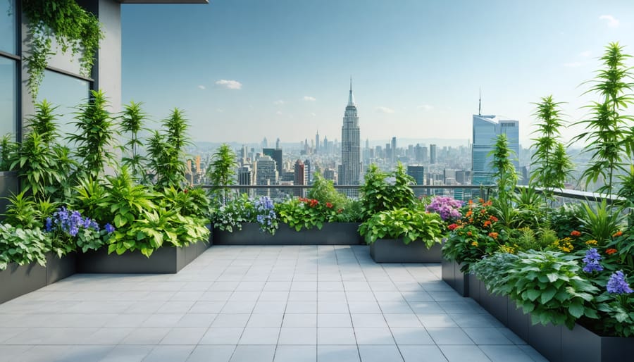 Lush CBD plants thriving on an urban rooftop garden, surrounded by tall city buildings, illustrating a harmonious blend of urban architecture and greenery.