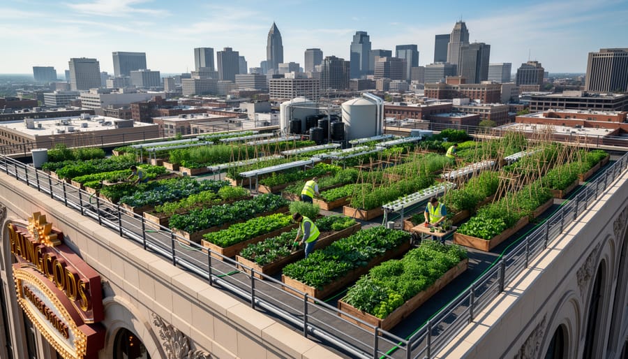 Aerial view of organized rooftop garden with raised beds and crops on casino building with city skyline in background