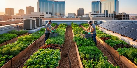 Rooftop farm on a modern casino with workers harvesting leafy greens in raised beds, solar panels and HVAC units nearby, and a blurred city skyline at golden hour.