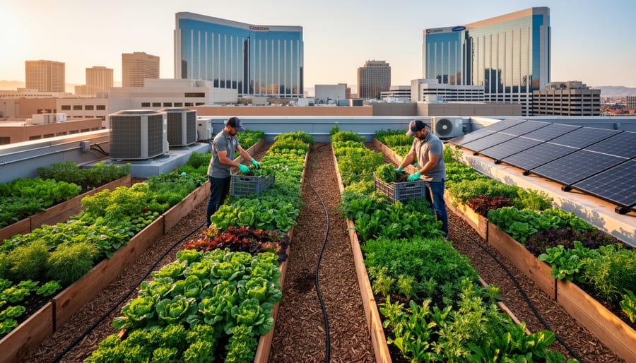 Rooftop farm on a modern casino with workers harvesting leafy greens in raised beds, solar panels and HVAC units nearby, and a blurred city skyline at golden hour.