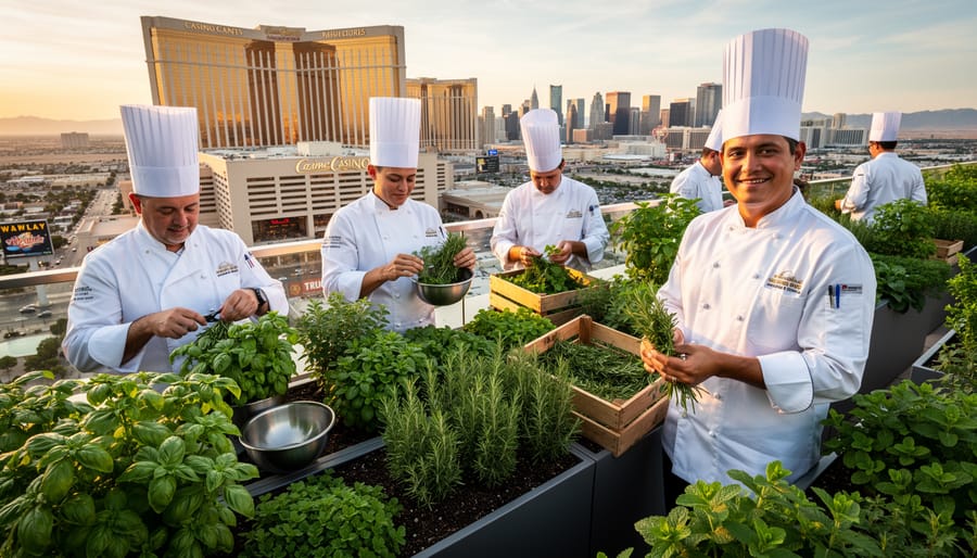 Chef harvesting fresh herbs from rooftop garden with casino building in background