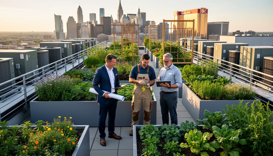Professional team of architects and horticulturists collaborating on rooftop garden project
