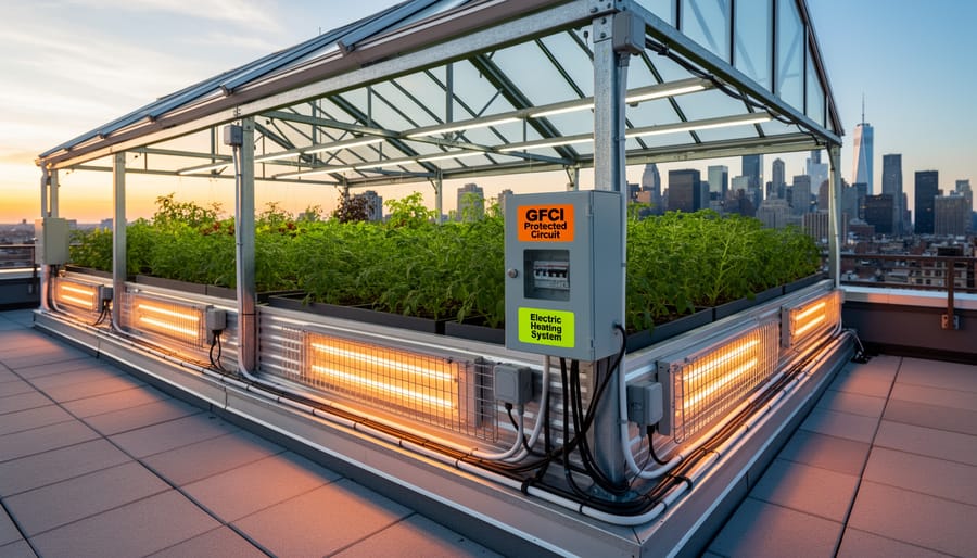 Electric heating mat under seedling trays with GFCI protected outlet in greenhouse