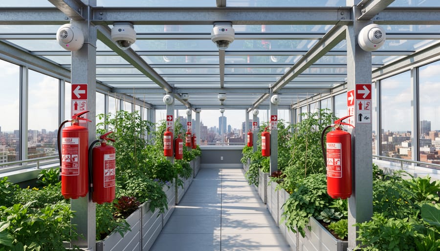 Smoke detector, carbon monoxide detector, and fire extinguisher mounted on greenhouse wall