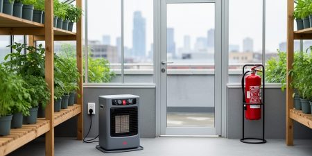 Eye-level view of a rooftop greenhouse showing a compact electric space heater placed away from wooden framing and plastic pots, a nearby GFCI-protected outlet, and a red fire extinguisher mounted by a glass exit door, with a clear walkway and soft urban skyline in the background.