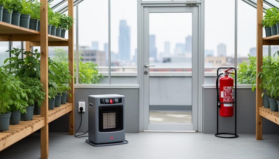 Eye-level view of a rooftop greenhouse showing a compact electric space heater placed away from wooden framing and plastic pots, a nearby GFCI-protected outlet, and a red fire extinguisher mounted by a glass exit door, with a clear walkway and soft urban skyline in the background.