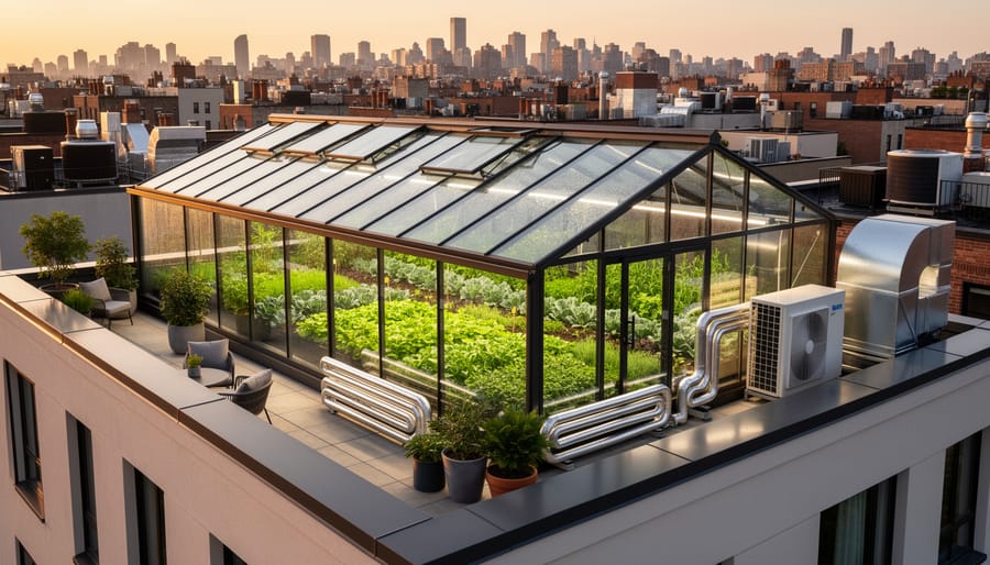 Modern glass rooftop greenhouse with visible heating equipment on urban building