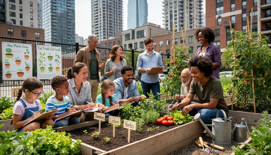 Diverse group of community members harvesting fresh vegetables together in urban rooftop garden