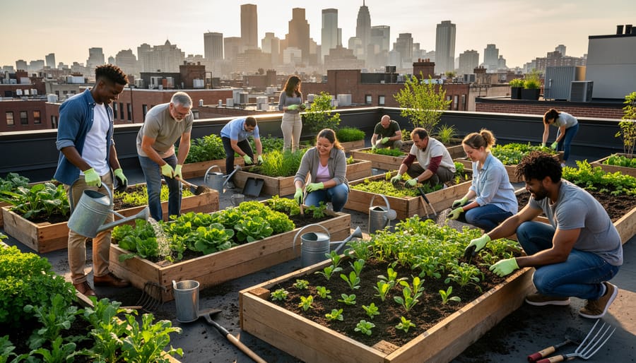 Close-up of hands planting seedlings in rooftop garden soil with city visible in background