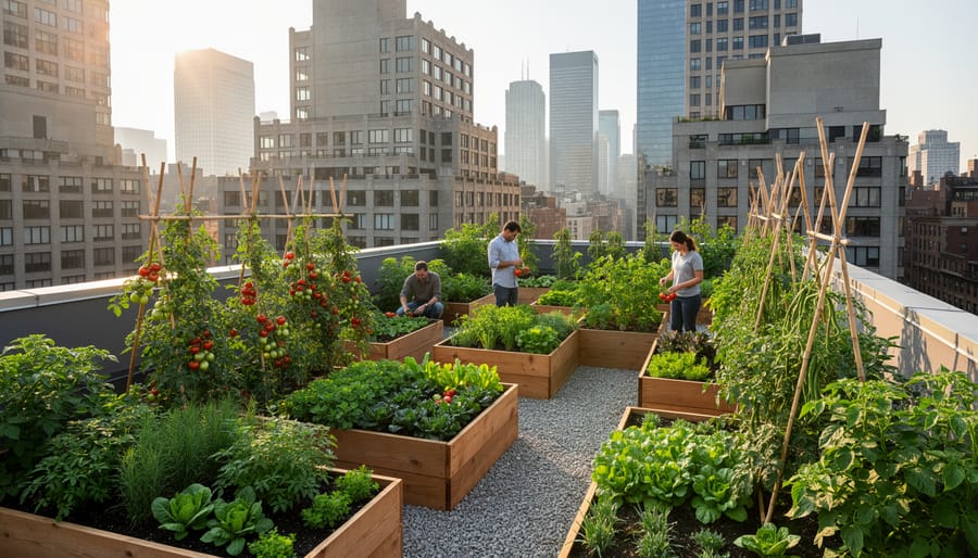 Lush rooftop vegetable garden with raised beds against city skyline background