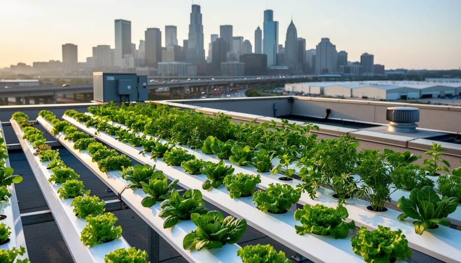 Rooftop hydroponic rows of leafy greens in white channels with a softly blurred city skyline and distant freeway at golden hour.
