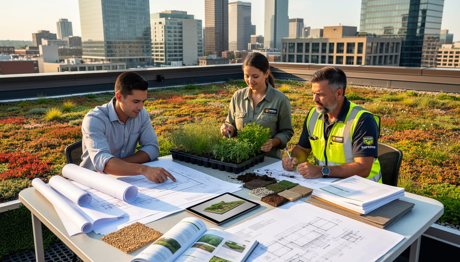 Professional team collaborating on green roof installation project