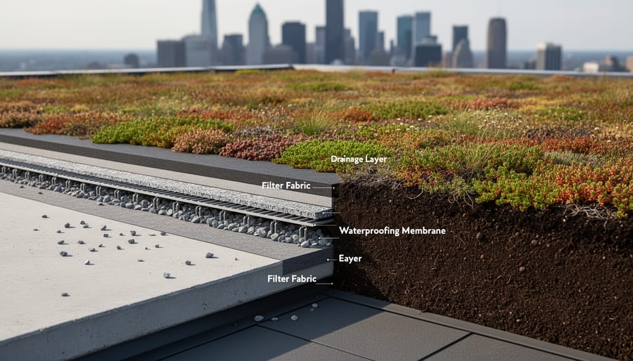 Green roof installation showing vegetation and structural layers on residential building
