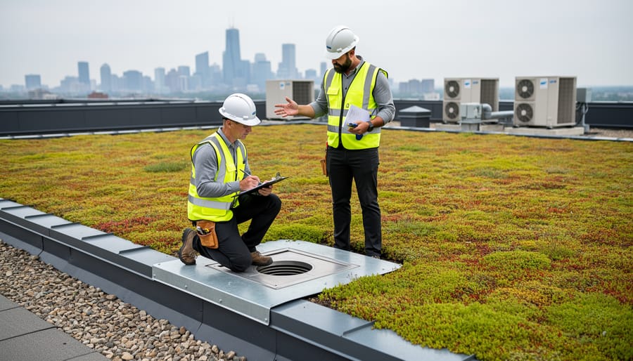 Two specialists in unbranded safety gear inspect a roof drain, waterproofing flashing, and sedum plants on an extensive green roof, with a soft-focus city skyline and HVAC units in the background under bright overcast light.