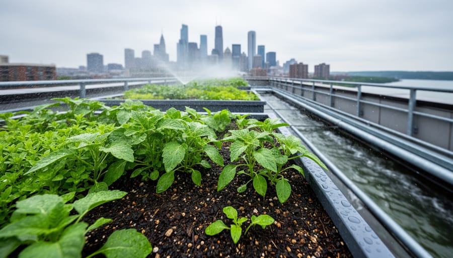 Rooftop container garden plants with faint pesticide spray drift in the air, with a blurred city background suggesting runoff toward local waterways.