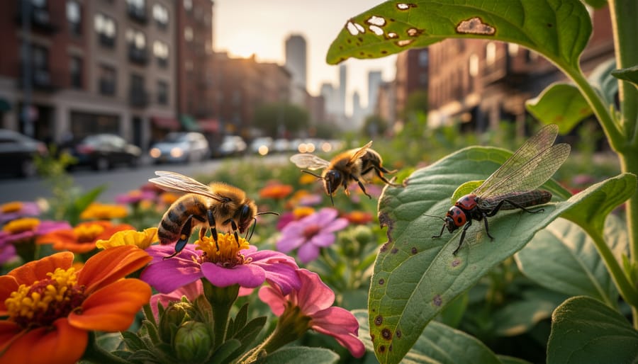 Bumblebee hovering near a flowering plant on a rooftop garden with beneficial insects visible in the background