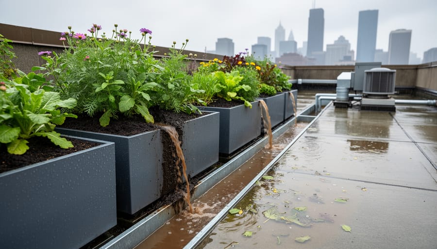 Rooftop garden drainage area with muddy runoff spilling from a downspout into a gravel bed near raised planters