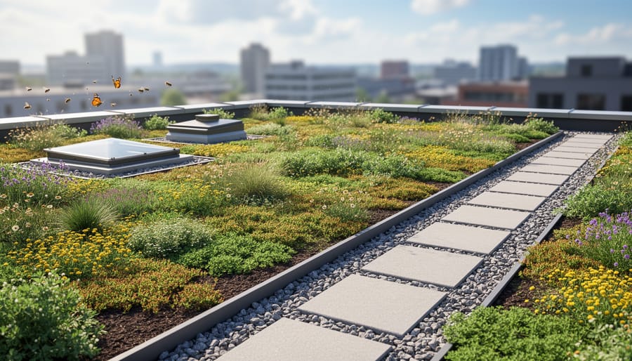 Established green roof with blooming native plants and healthy vegetation