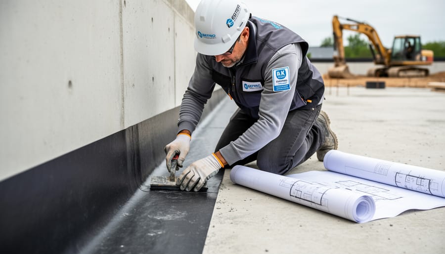 Contractor inspecting waterproof membrane during green roof installation