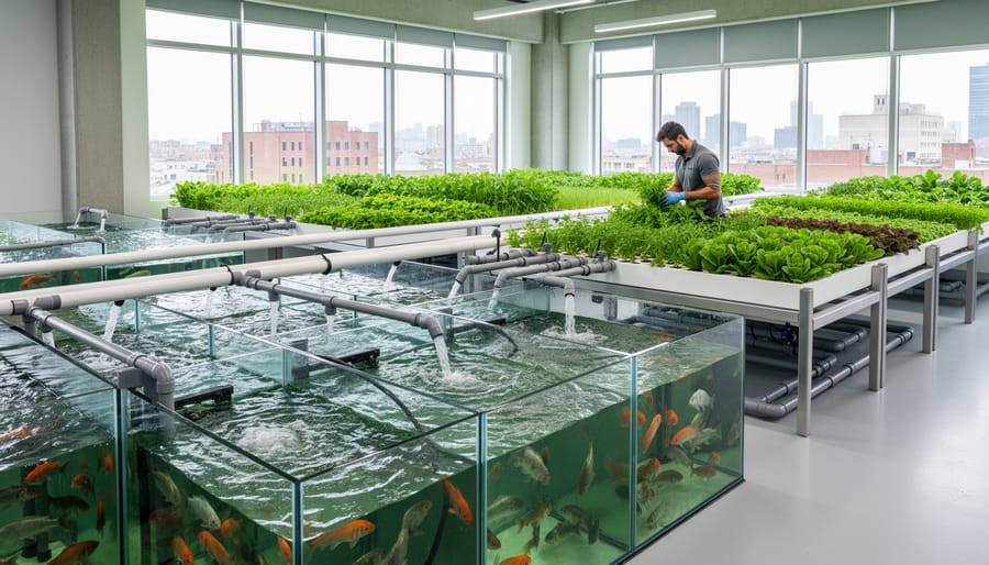 Aquaponics facility with fish tanks and herb grow beds filled with green plants under soft daylight.