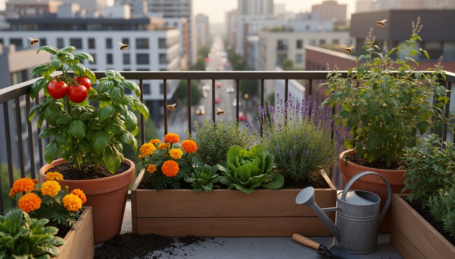 Bee visiting a flowering herb in a small urban balcony permaculture planter while a gardener tends the plants