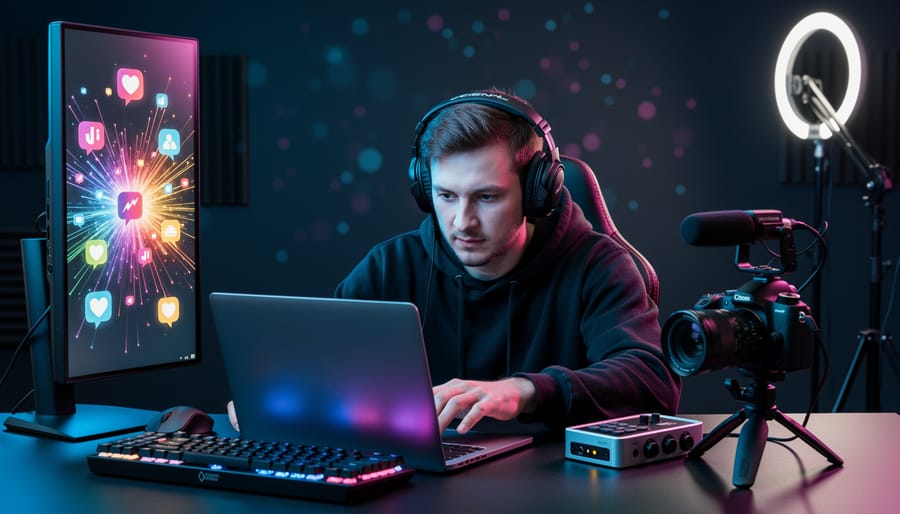 A streamer in a dark studio reaching toward a glowing camera and laptop, with neon light bursts suggesting viral shareable clip moments in digital media.