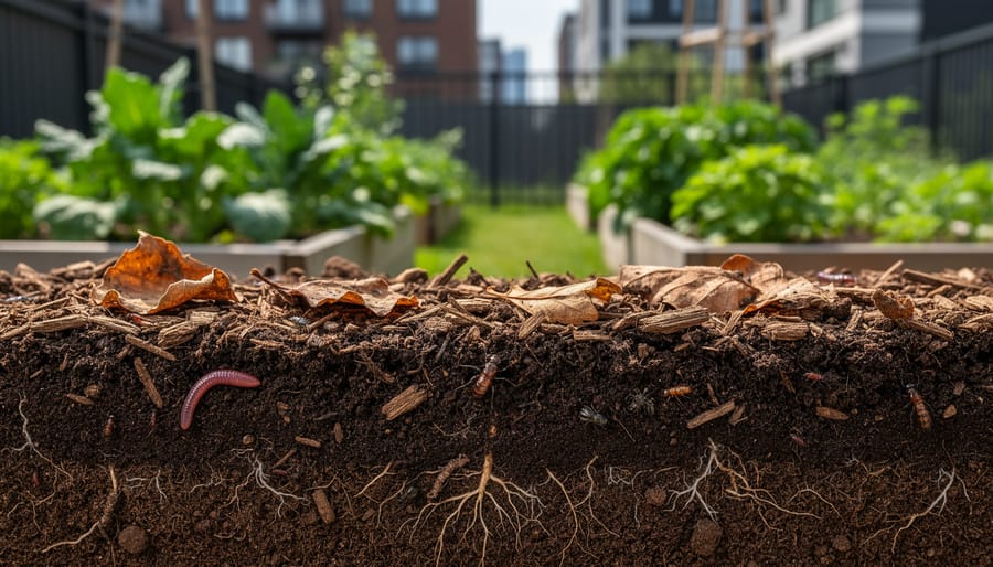 Close-up of rich dark living soil with organic mulch and earthworms in a rooftop planter