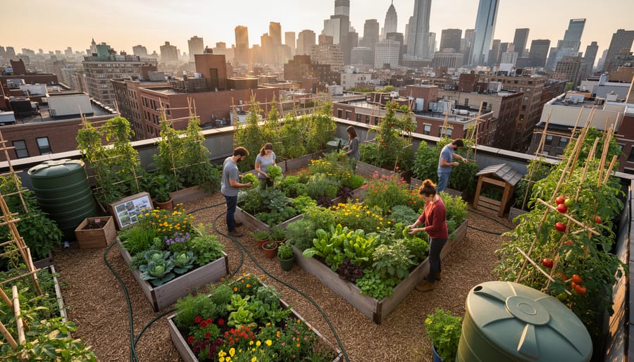 Gardener watering an urban rooftop permaculture garden with diverse leafy greens in raised planters