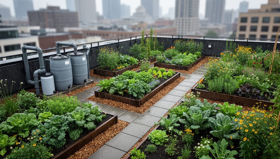 Rain barrel connected to a rooftop downspout next to mulched drought-tolerant plants