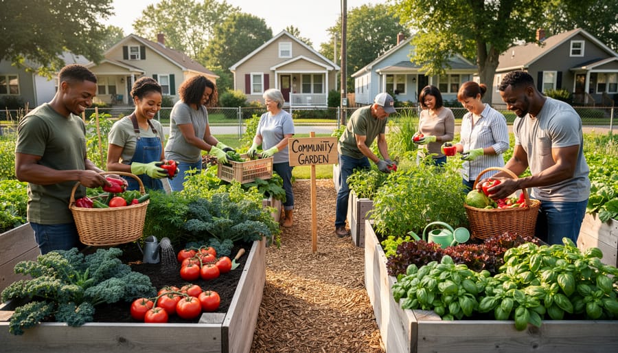Residents planting seedlings in raised planters within a community garden near brick buildings during golden hour.