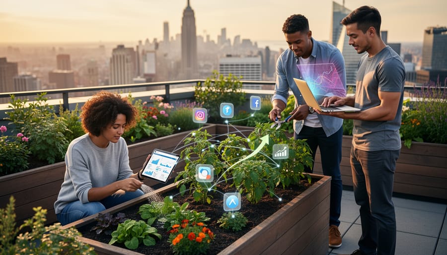 Rooftop garden planters with lush green plants beside tools and a rain barrel under a bright overcast sky