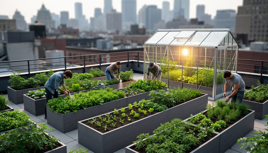 “Rooftop urban farm with raised planting beds of leafy greens and a small greenhouse above a blurred city skyline.”