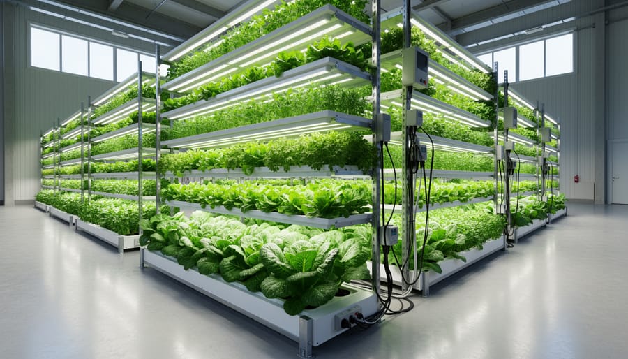 View down an aisle of stacked vertical farm racks with trays of leafy greens under bright LED lighting.
