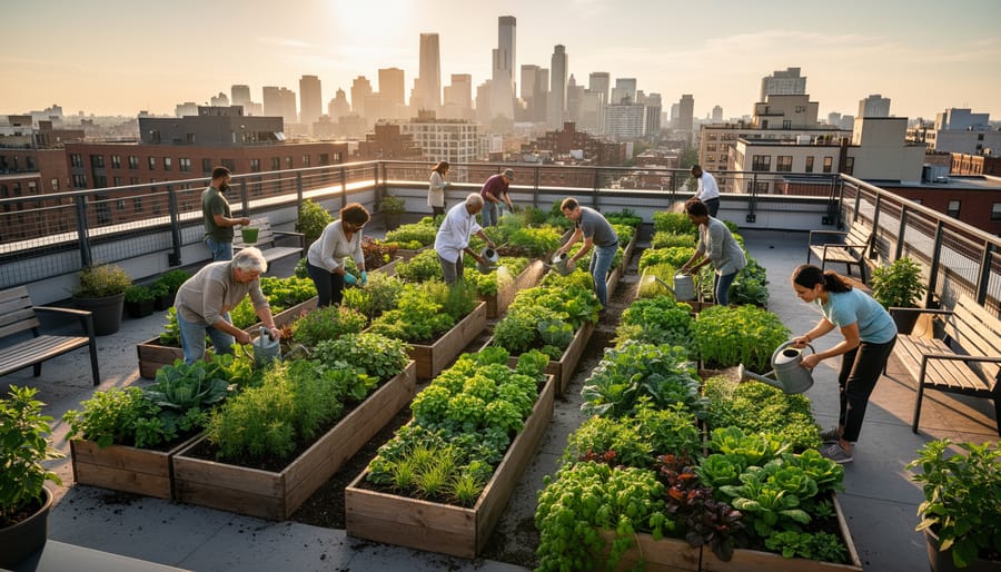 Workers watering leafy plants in a rooftop urban farm with raised beds and a softly blurred city skyline in the background.