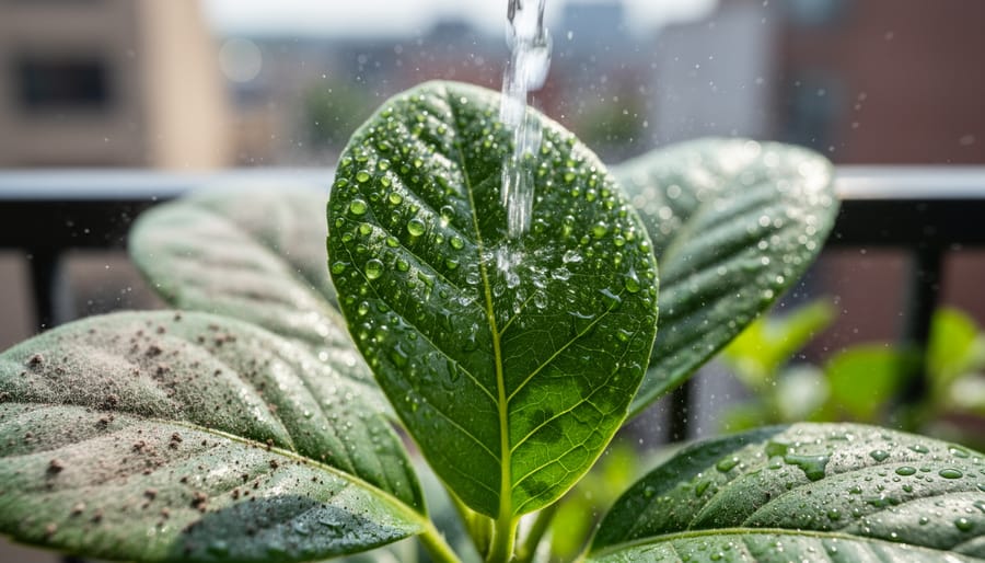 Rooftop gardener rinsing herb leaves with a handheld water spray