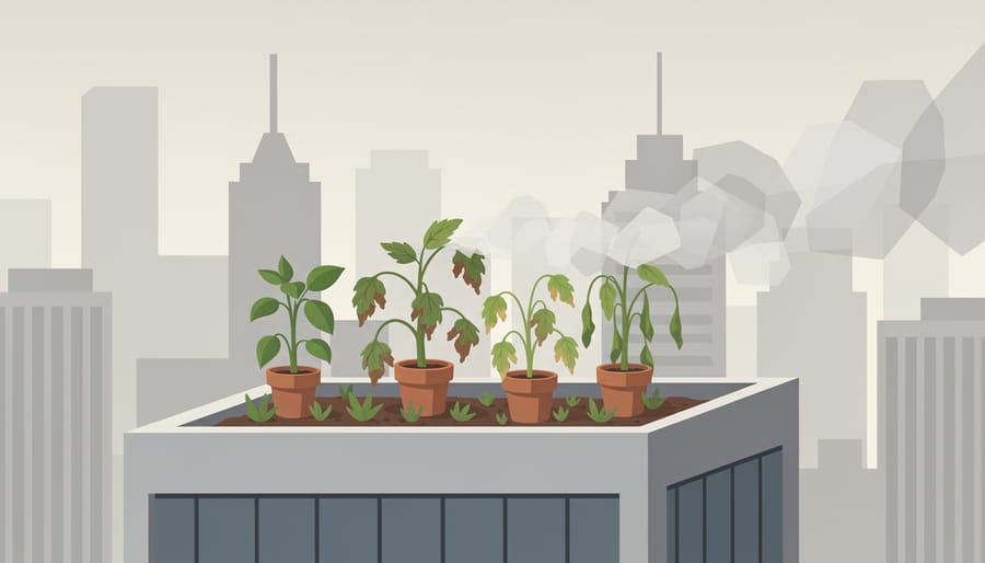 Rooftop planter showing one healthy tomato plant and one stressed plant with dull leaves