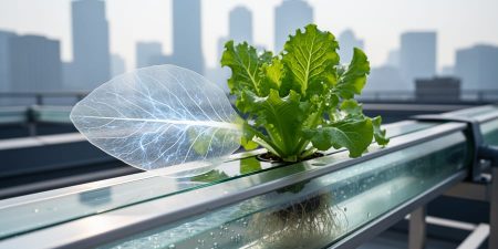 Rooftop vertical farm with a healthy green plant beside a hydroponic system, photographed with subtle glowing energy-like light to suggest mitochondrial signaling.