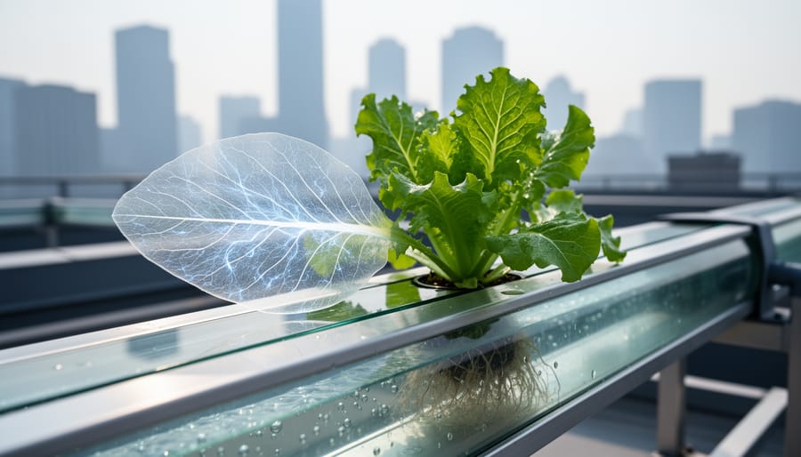 Rooftop vertical farm with a healthy green plant beside a hydroponic system, photographed with subtle glowing energy-like light to suggest mitochondrial signaling.