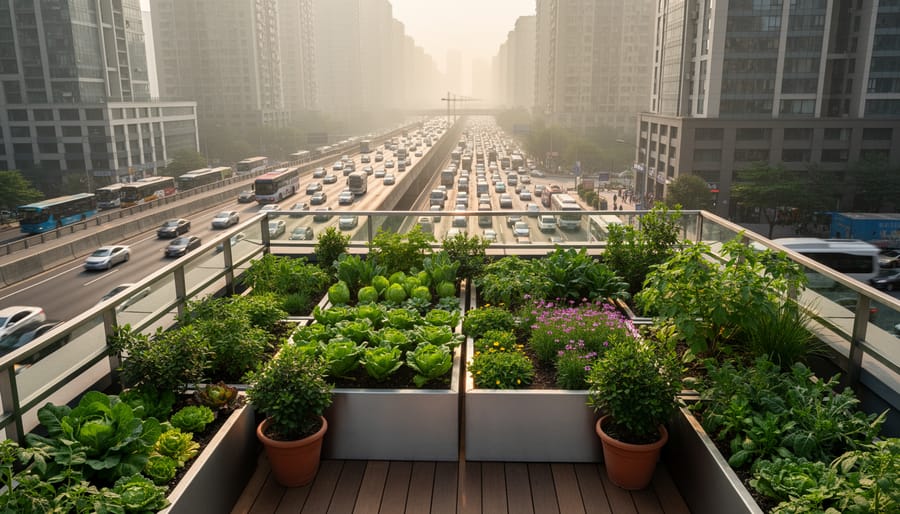 Rooftop garden planters near a busy city street with distant traffic haze