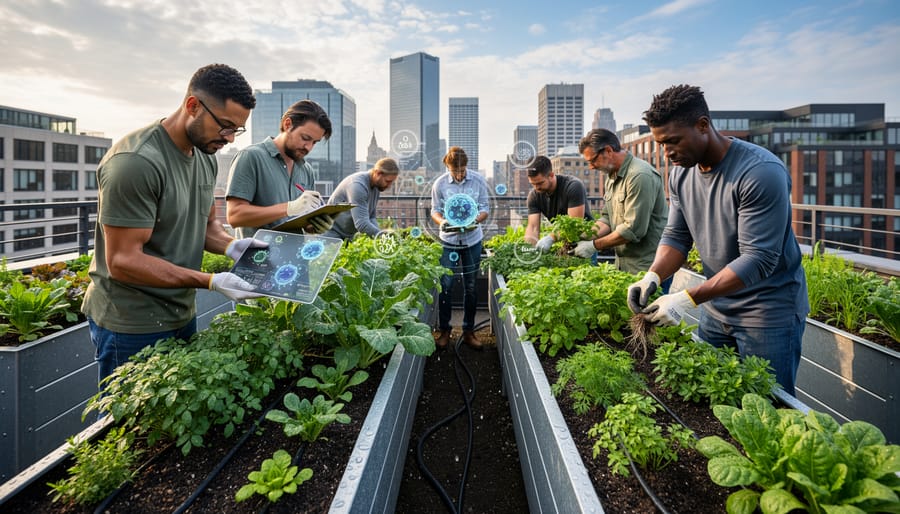 Rooftop vertical farm with healthy leafy greens growing in stacked planters under natural light.