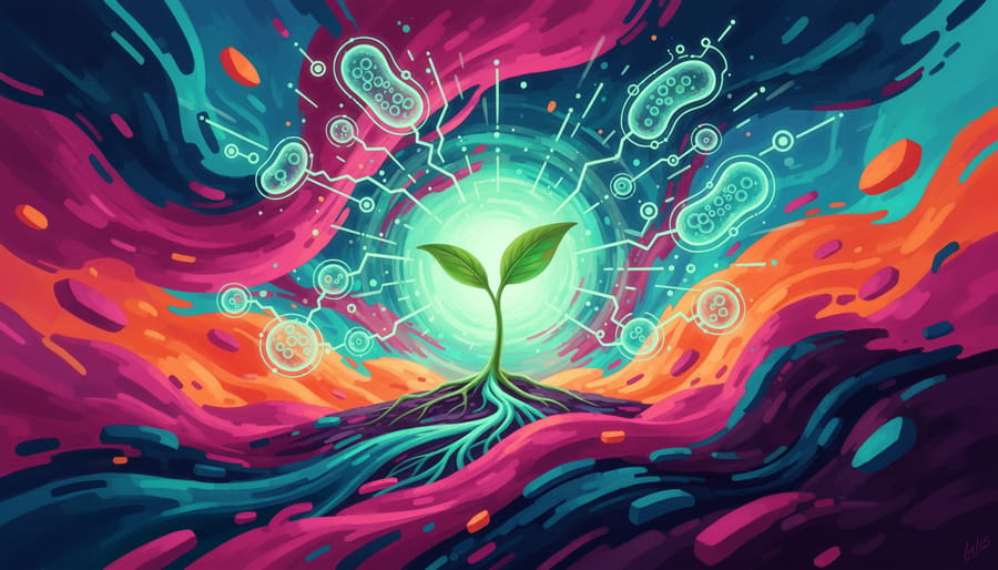 Abstract image of a sprout emerging from dark soil with glowing light effects suggesting cellular signaling.