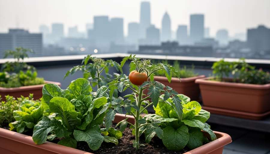 Healthy leafy greens and a tomato plant growing in rooftop containers with a hazy city skyline in the background.