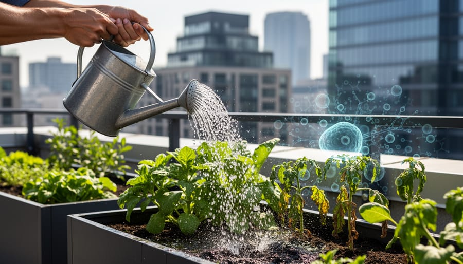 Gardener watering container plants on a balcony with warm sunlight and soil in view.