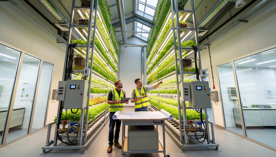 An architect and a vertical farm manager reviewing a hydroponic rack setup in an indoor urban farming facility.