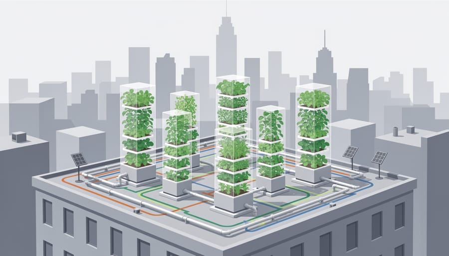 Rooftop vertical farming setup with planters and greenery under blue-hour city lighting.