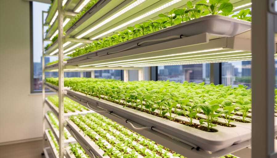 Close view of seedlings growing in a vertical farming tower with sunlight illuminating leaves and tubing.